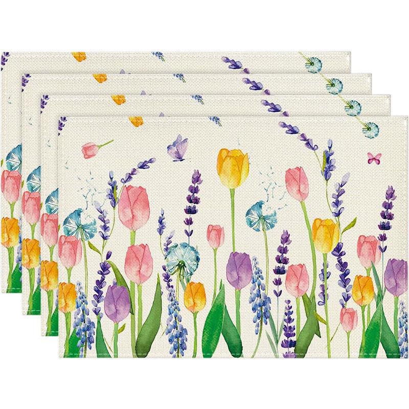 Spring & Summer Floral Linen Placemats – Heat-Resistant Fabric Table Mats for Home & Restaurant