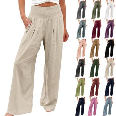 Verão algodão linho calças largas perna feminina solta palazzo pant bolso elástico na cintura botão calças casuais