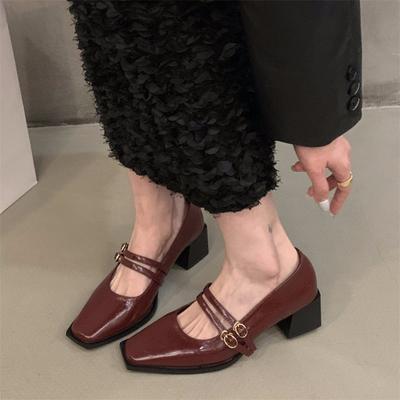 Fashion Red Patent Leather Mary Janes Shoes 2024 Women New Fashion Elegant Square Toe Pumps Buckle Strap Solid Ladies Single Shoes Black