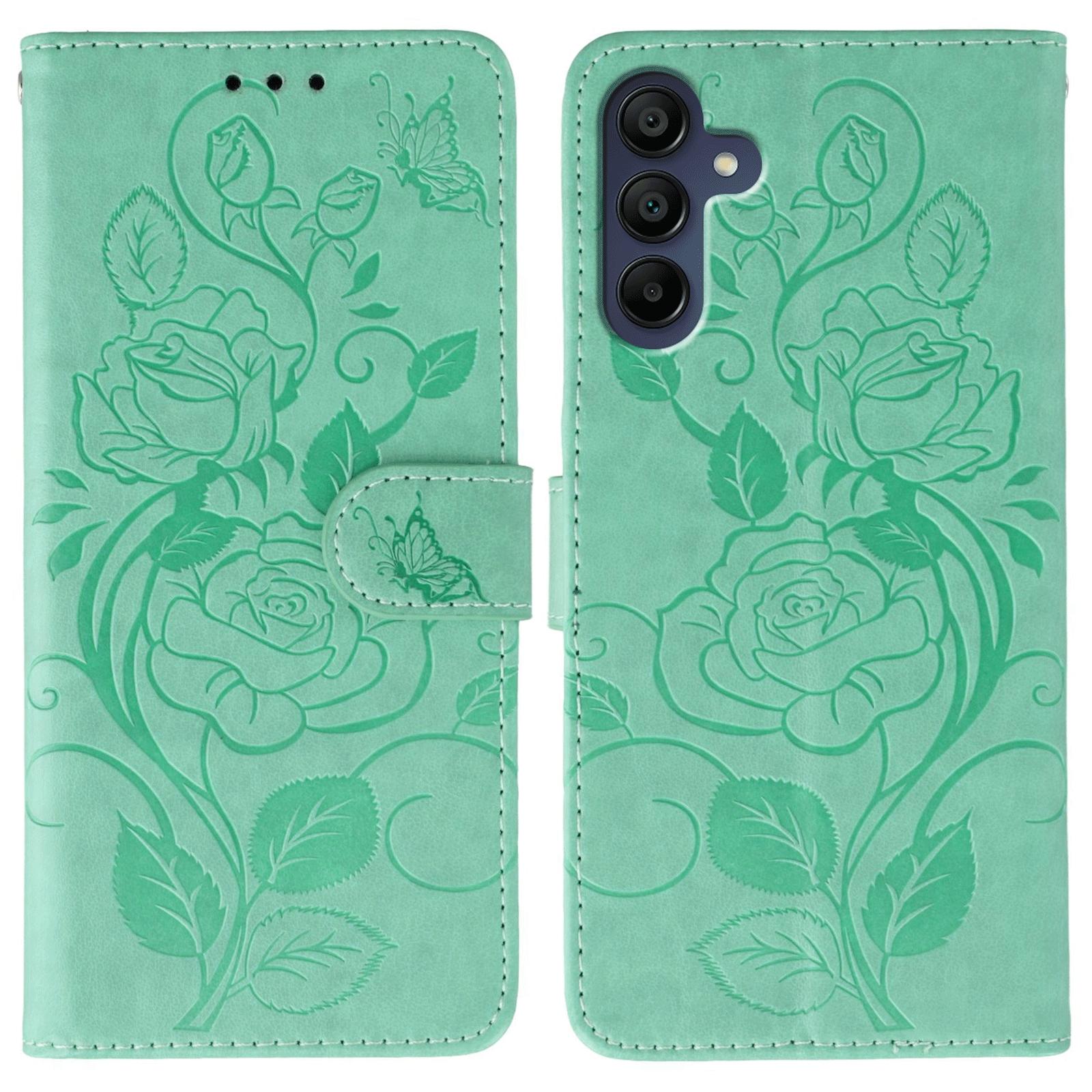 

For Samsung Galaxy A06s Case Wallet Stand Imprinted Rose Butterfly PU Leather Phone Cover Green