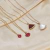 18K Gold Dress Necklace: Mother-of-Pearl & Rose Gold Fan-Shaped Chalcedony Pendant with Red Heart On Clavicle Chain