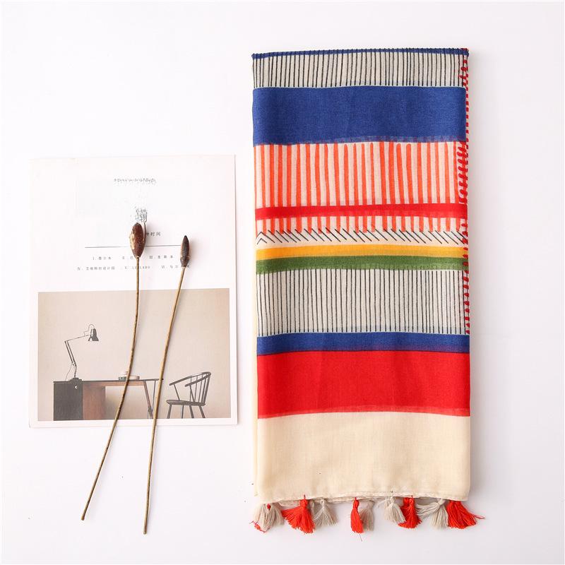 Women's Retro Striped Geometric Shawl: Summer Travel Beach Towel, Cotton-Linen Scarf, Lightweight Long Silk Scarf