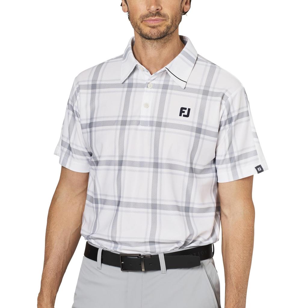 FootJoy Men's White Check Print Short Sleeve Pique Golf Shirt, Size M (FJ-S25-S04, 34682-M)