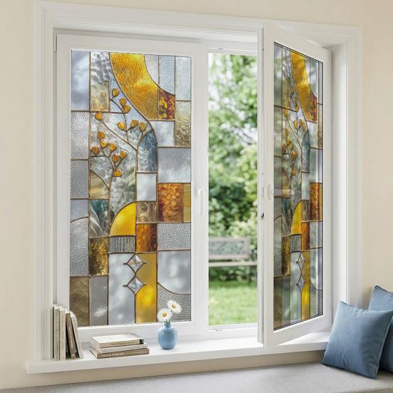 Window Privacy Film Static Window Clings Decorative Plants Butterflies Non-Adhesive Sticker Sun Blocking