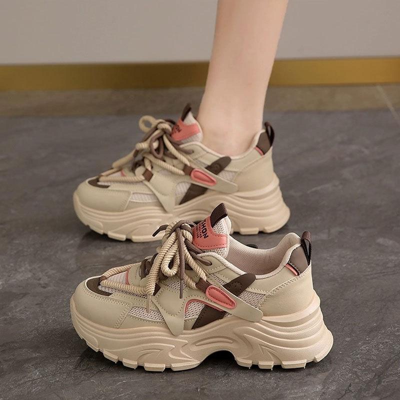 Fashion Double Mesh Breathable Non-slip Dad Shoes Women's 2025 Spring New Middle Heel Soft Sole Wide Foot Casual Thick Sole Sports Shoes