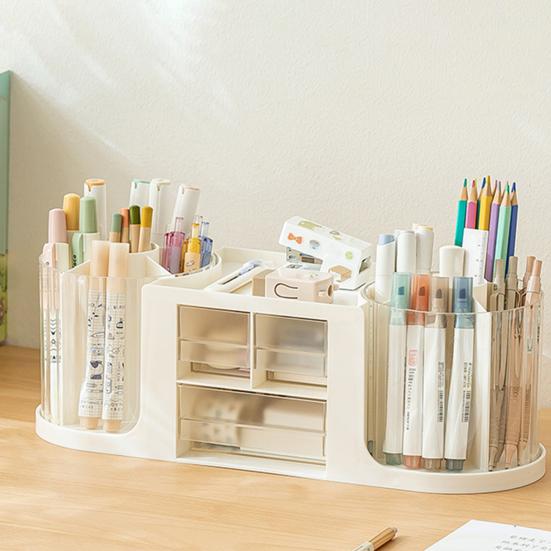 Pen Holder with Drawer Desk Organizer Transparent Rotatable Design Large Capacity Pencil Pen Holder Storage Box
