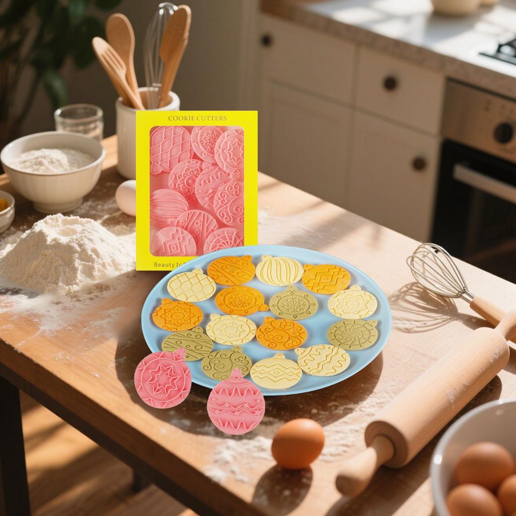 10 Piece Christmas Ornament Cookie Cutters, 3d Raised Design Cookie Stamps, Round Ornament Baking Molds