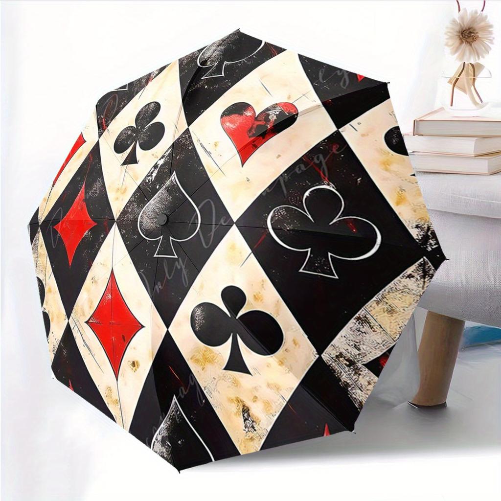 Automatic Folding Umbrella Playing Card Suits with a Diamond Grid Design. Portable Collapsible Design, Casual Outdoor Accessor