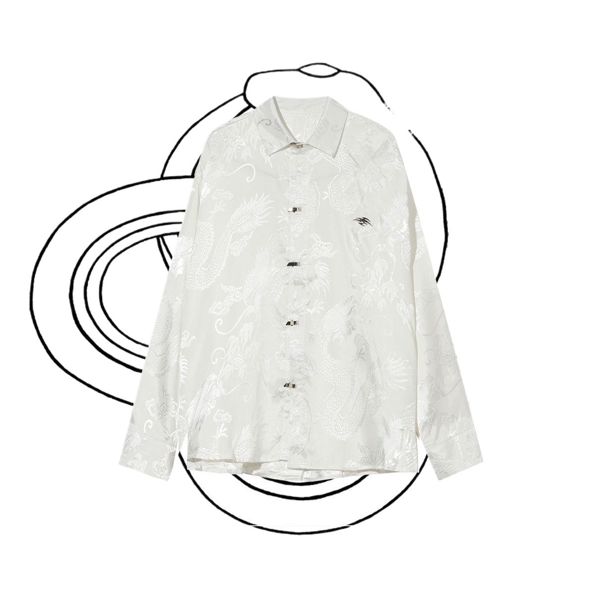 

Вільна сорочка унісекс із мерсеризованою мерсеризованою металевою пряжкою і металевою пряжкою в китайському стилі з візерунком дракона XL білий