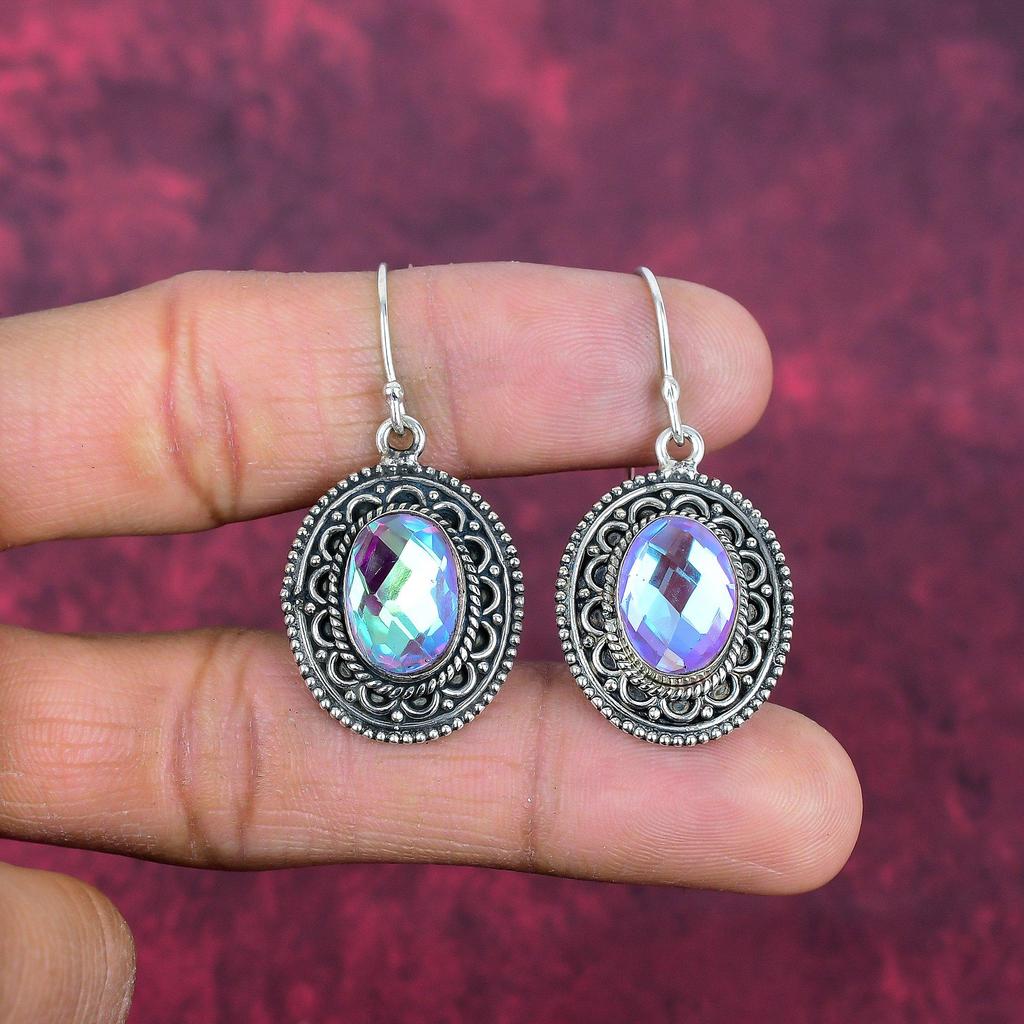 Faceted Mystic Topaz Earrings, 925 Solid Sterling Silver Earrings, Handmade Gemstone Jewelry, Gifts For Wife Brand New Earrings