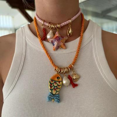 Handmade Chunky Rope Multi Color Ceramics Starfish Octopus Fish Pendant Necklace Summer Beach Shell Y2K Collar Jewelry