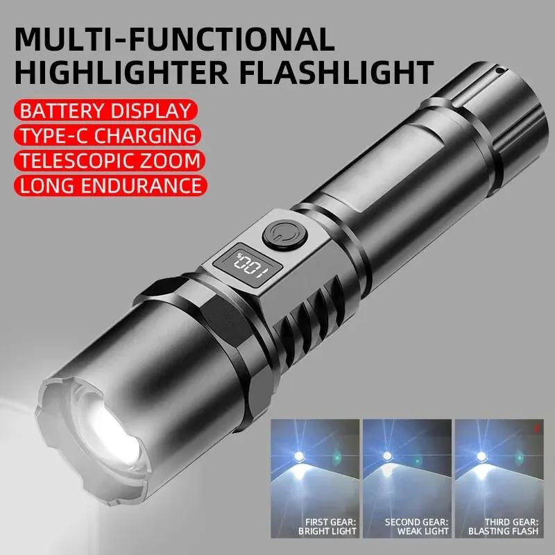 High Power Led Handheld Flashlight Portable Rechargeable Telescopic Zoom Waterproof Emergency Light for Outdoor Camping Cycling