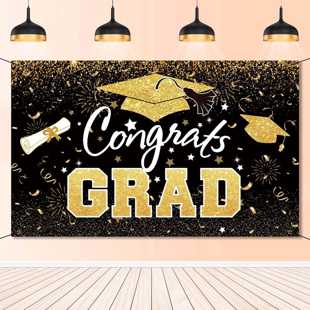 Graduation Party Decorations - Blue Gold Congrats Grad Class of 2025 Backdrop Banner Large Sign Wall Decorations Photography Background Party