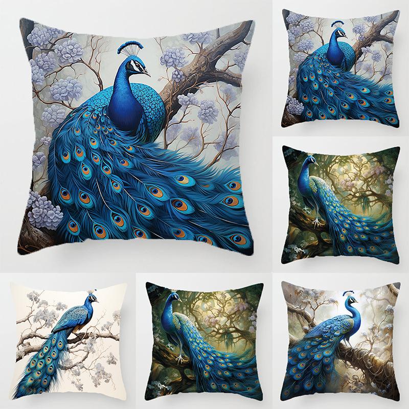 Retro peacock flower pattern throw pillow cover with short plush print living room sofa decoration cushion cover pillow covers