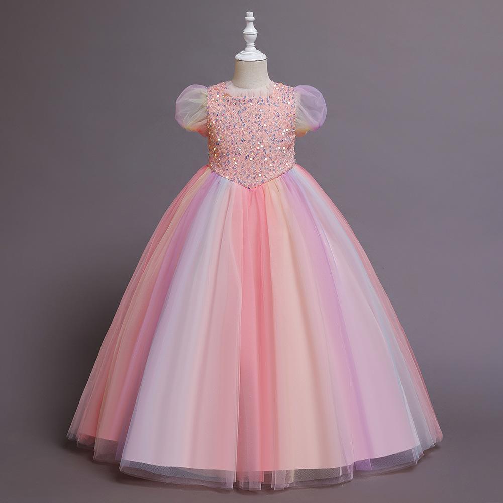 Kids Teen Girl Dress Puff Sleeves Sequins Mesh Cotton Princess Dresses Summer Spring Autumn Children Tutu Flower Girls Kid Party Ball Gown