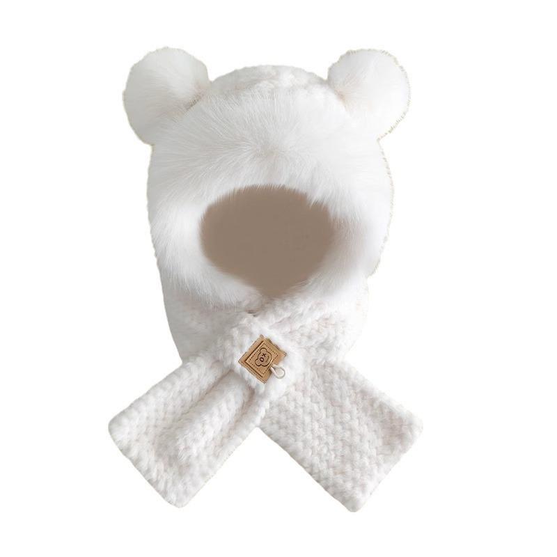 Bear Hat Scarf Integrated Women's Autumn and Winter Riding Cold Scarf Warm Ear Protection Cute Plush Gloves Mask