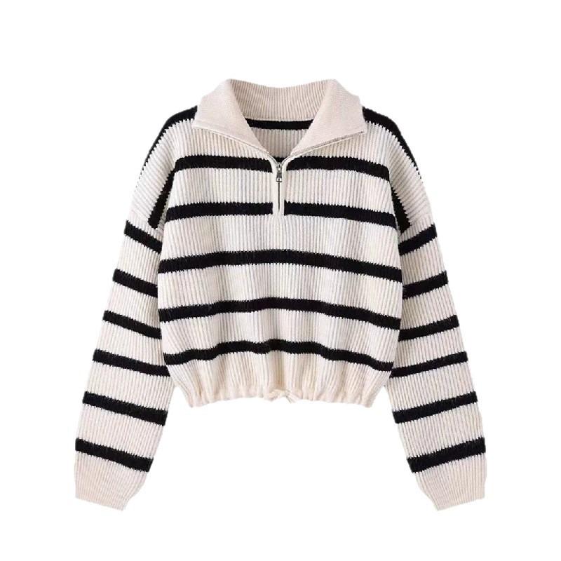 Half zipper lapel striped sweater women's autumn and winter wear thin loose college style color matching short pullover knitted sweater