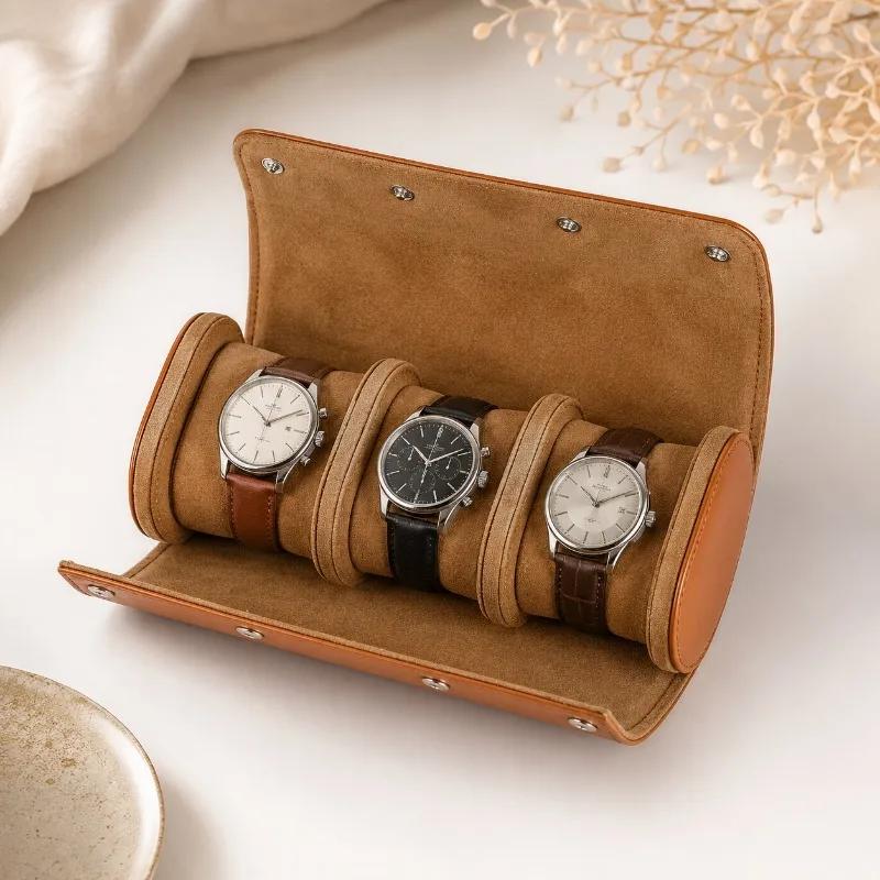 Retro Brown 3 Watch Roll Bag Portable Soft PU Leather Watch Storage Case Travel Wristwatch Protector Watch Collector Carry Pouch