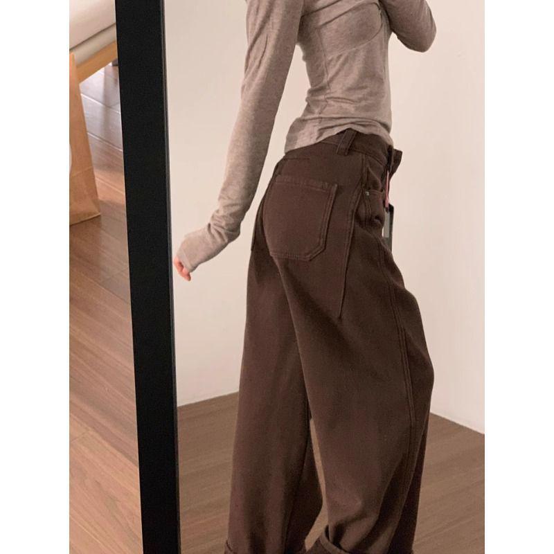 Plus Size Mallard Brown Velvet Jeans for Pear-Shaped Women - Winter Wide Leg Slimming Pants