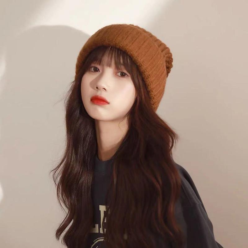 

Зимняя теплая шапка-бини для женщин, вязаная шерстяная шапка-чулок в корейском хип-хоп стиле, мягкая объемная шапка-чулок коричневый