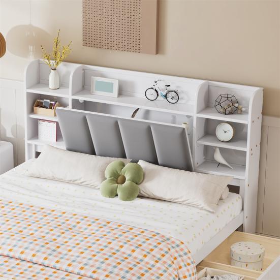 Modular Bed Double Bed, Open Shelf, Three Drawers with Castors, Metal Adult Handles, Storage Compartment Drop-Down Door, Pine Frame Soft