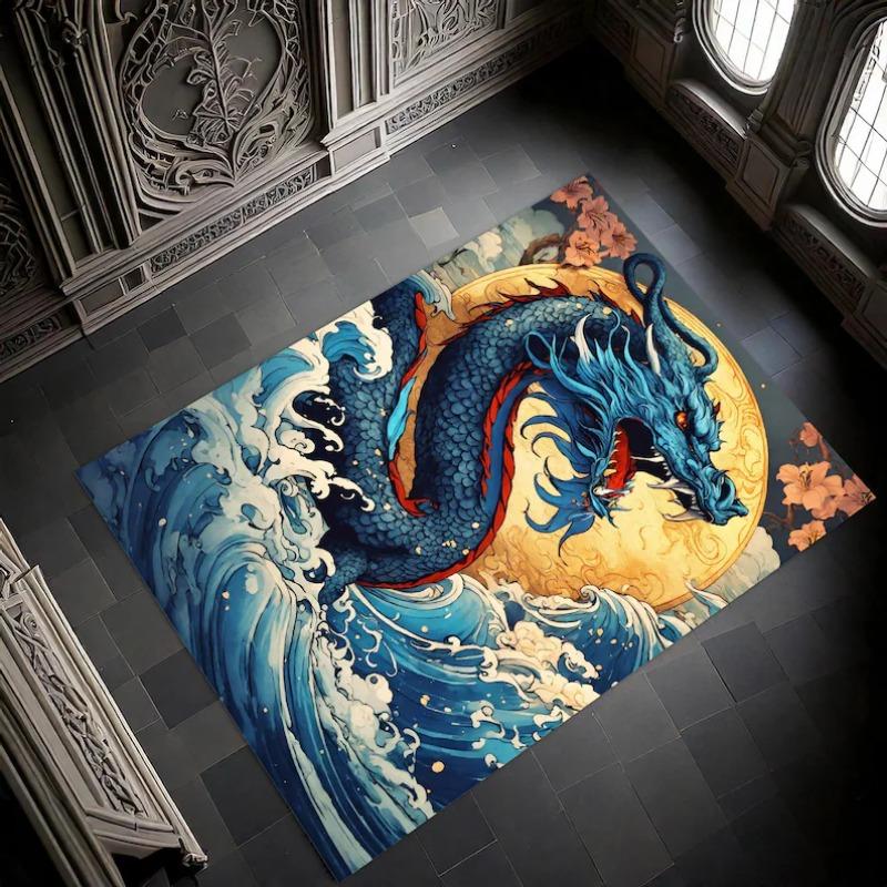 Mystic Dragon Forest Carpet - Deep Blue Green Serpent Rug with Lush Botanical Pattern Non-Slip Floor Mat for Enchanted Decor