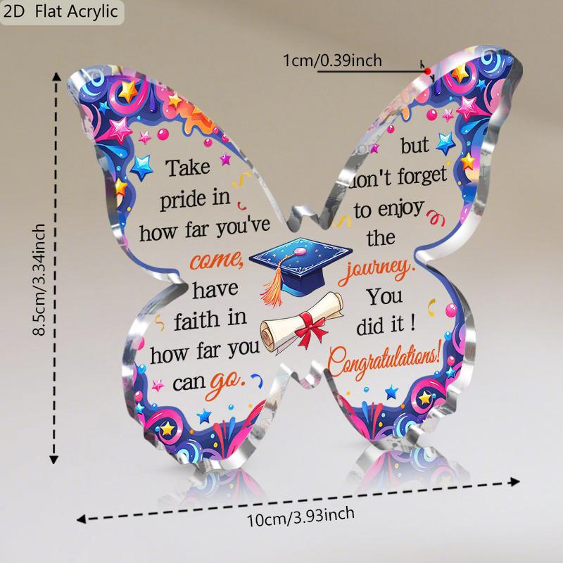 2D Flat, Graduation Cap & Diploma Acrylic Award Desktop Decoration, Blue & Pink Butterfly-Shaped Graduation Gift, Suitable for wall decoration, porch,