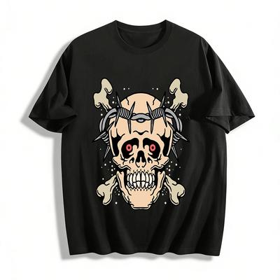 Thorn Skull Print Cool Trendy Casual Crewneck Long Sleeve T-Shirt Pure Cotton T-shirt