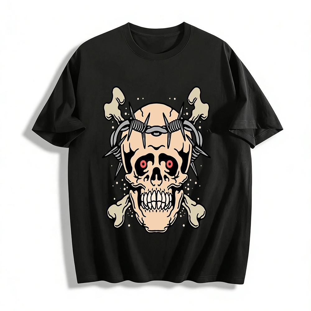 Thorn Skull Print Cool Trendy Casual Crewneck Long Sleeve T-Shirt Pure cotton T-shirt XXS