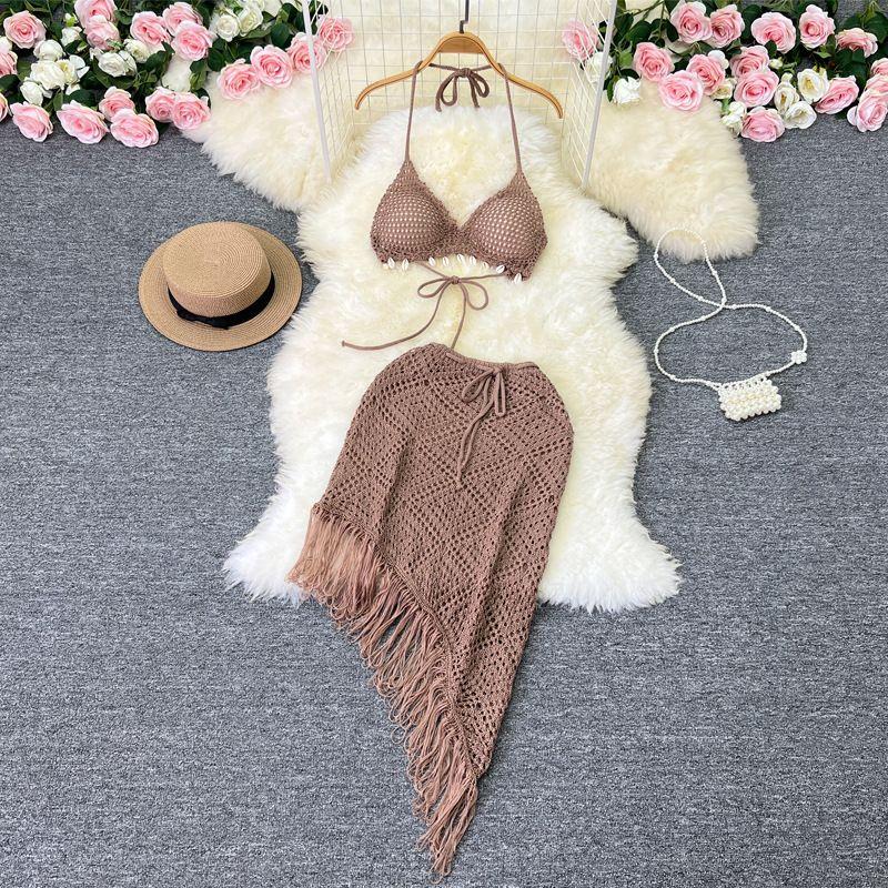 Vacation Style Suit Women's Stylish Bikini Halterneck Vest All-Matching Tassel Skirt Knitted Two-Piece