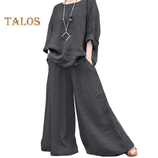 2 ks/sada Dámské svrchní kalhoty set kulatý výstřih Retro halenka s dlouhým rukávem Široké nohavice elastický pas Kalhoty Volný outfit pro každodenní volný čas