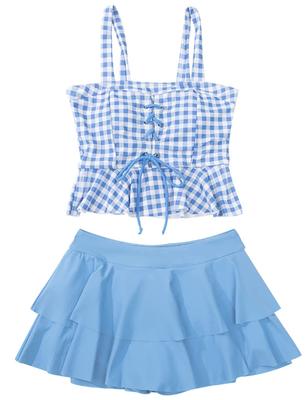 Girls Separate Elementary School Junior Girls Swimsuit [AILITI] Swimsuit, 2-Piece Set, Tankini, Off-Shoulder Skirt, Kids, Students, (M, Blue)