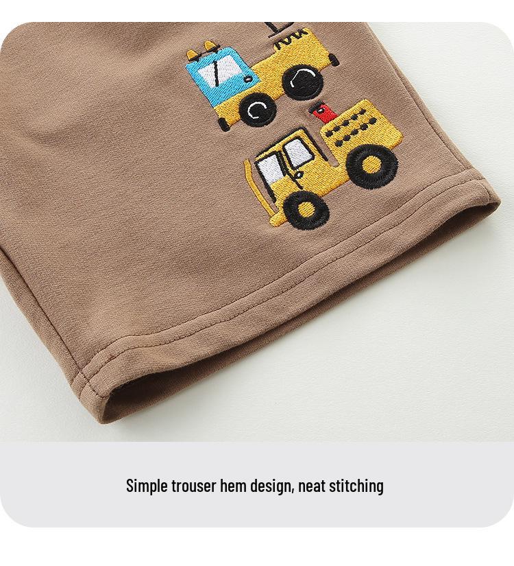Summer 2026 Kids' Shorts: Cartoon Construction Vehicles Embroidery, European & American Style, Medium & Small Sizes, Casual Wear