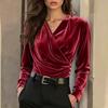 Women's Elegant V-Neck Long Sleeve Korean Velvet Shirt for Casual and Everyday Wear