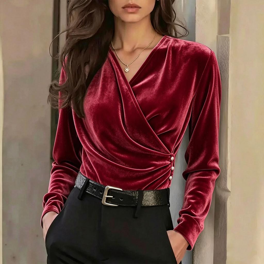 Women's Elegant V-Neck Long Sleeve Korean Velvet Shirt for Casual and Everyday Wear