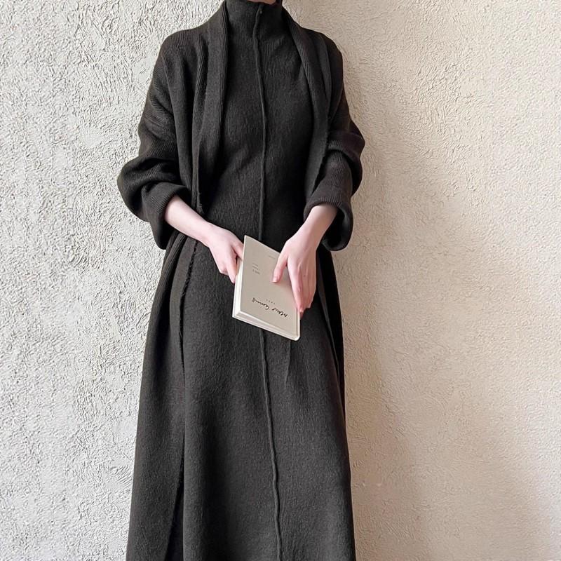 Womens Long Knit Cardigan High Neck Midi Dress Set Soft Faux Cashmere Casual Chic Outfit Fall Winter
