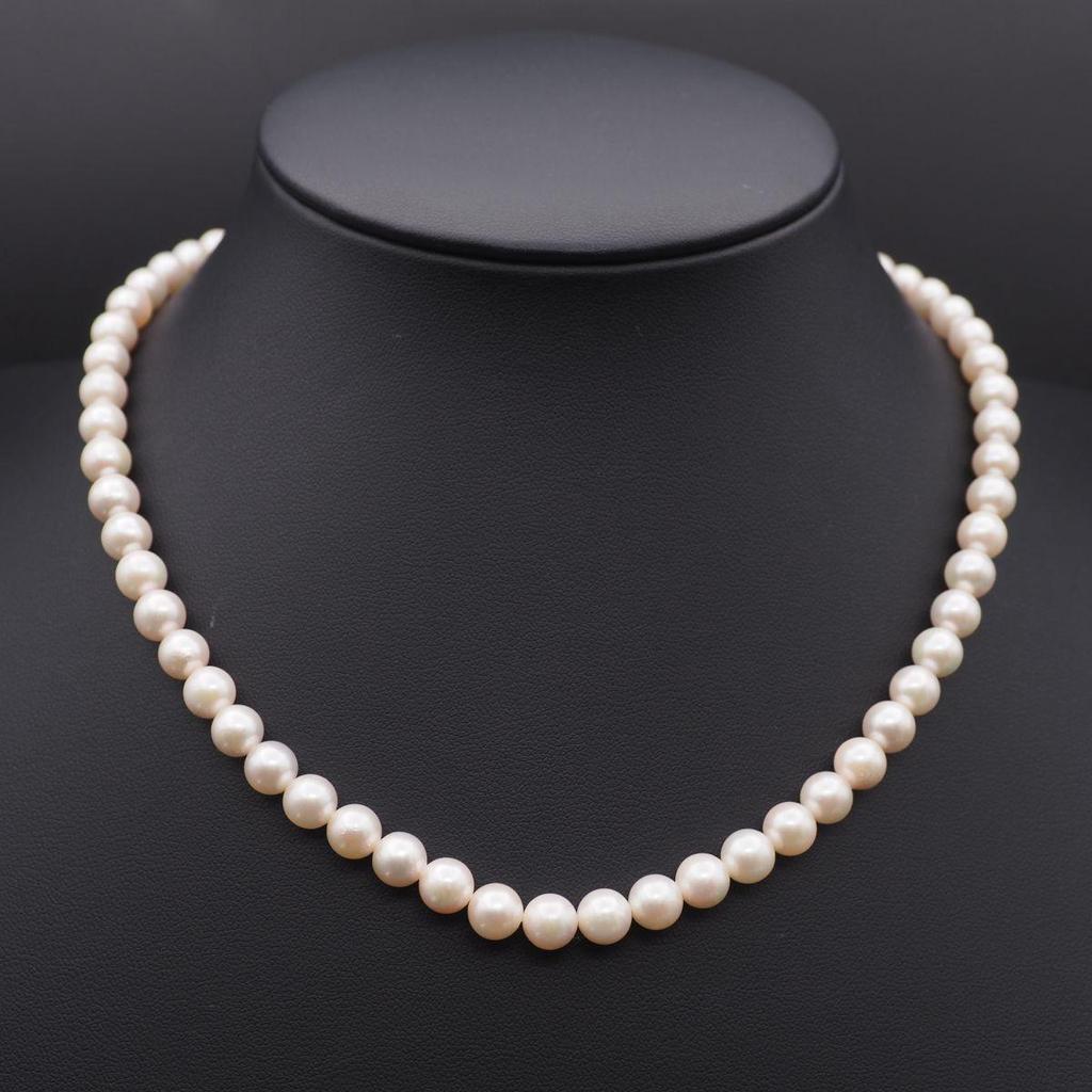 Used V342 Genuine Pearl 6.7mm Pearl SILVER Engraved Necklace Design Silver June Birthstone