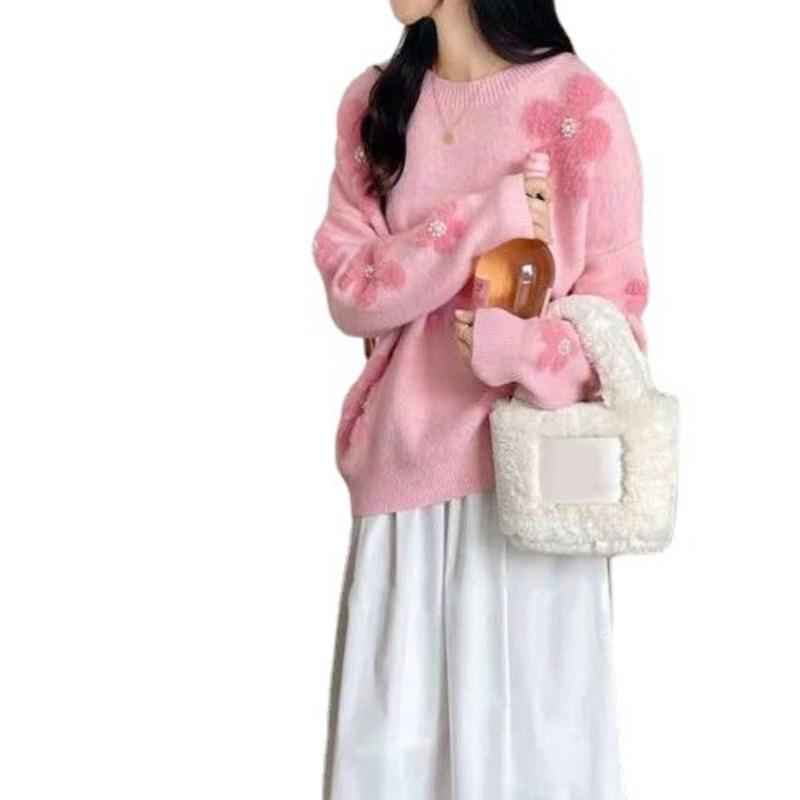 Milk Blue Soft Sweater Women's Fall and Winter Beaded Flowers Design Sense of Niche Fashion Foreign Sweet Comfortable and Versatile