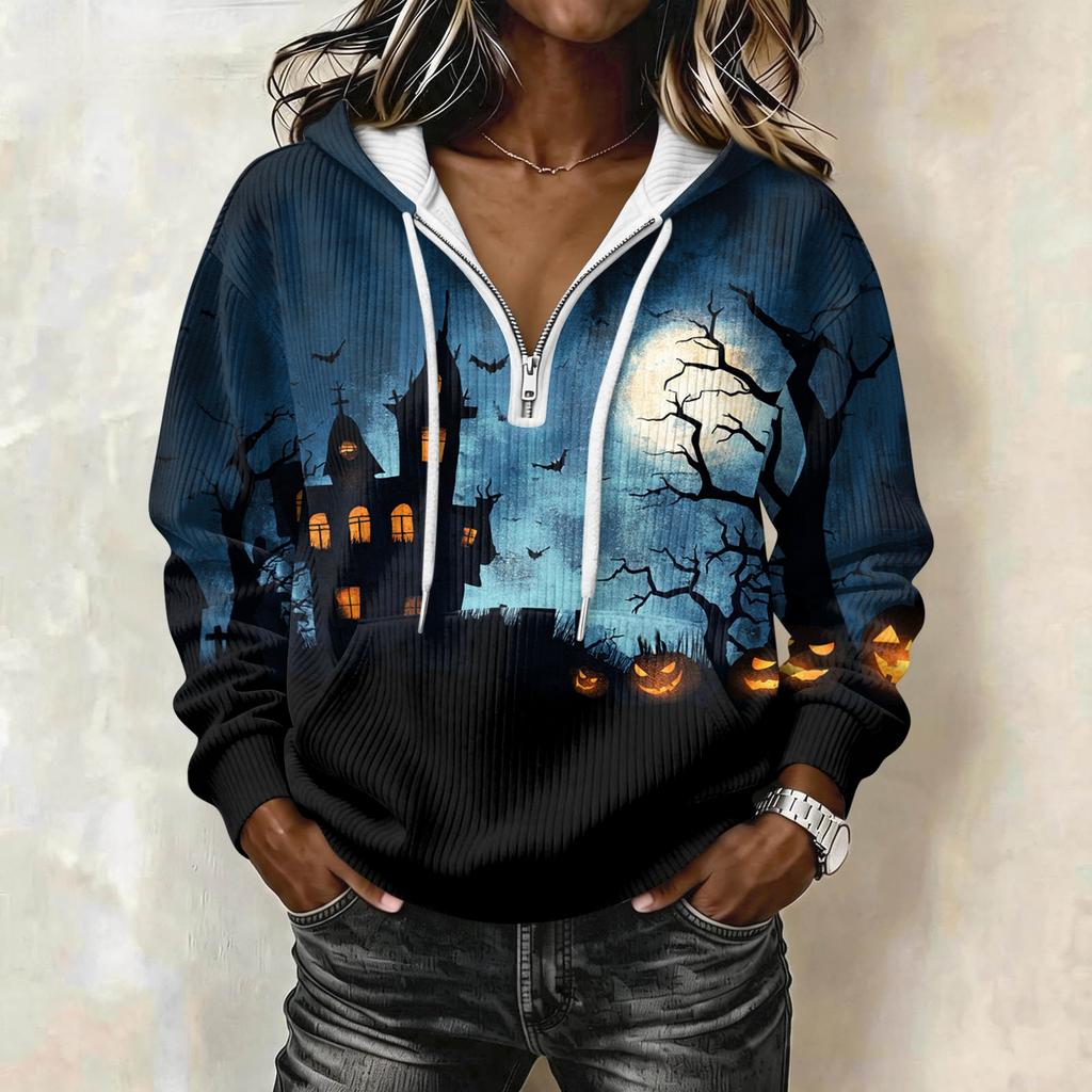 Women's Long Sleeve Halloween Print Pullover Hoodie with Drawstring Hood