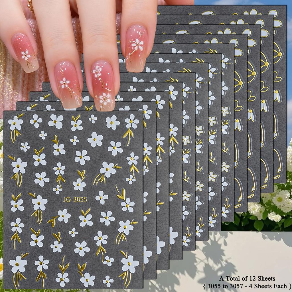 3 To 18 Sheets 3D White Daisy Nail Stickers Gold Line Flower Leaf Decals Self Adhesive Spring Nail Art