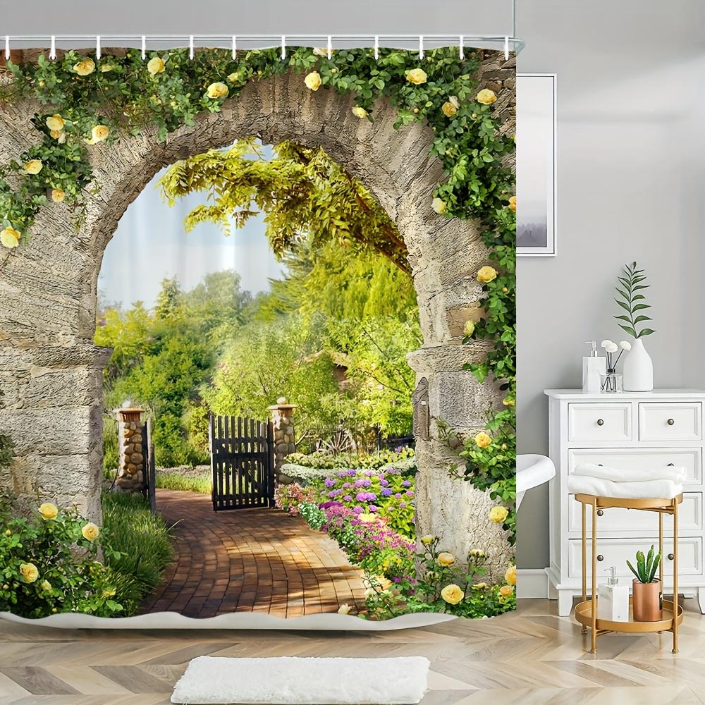 Dunika Chen Enchanting Garden Arch Bath Curtain - Stone Archway & Lush Flowers; Waterproof Home Decor Adds Nature's Beauty To Your Bathroom.