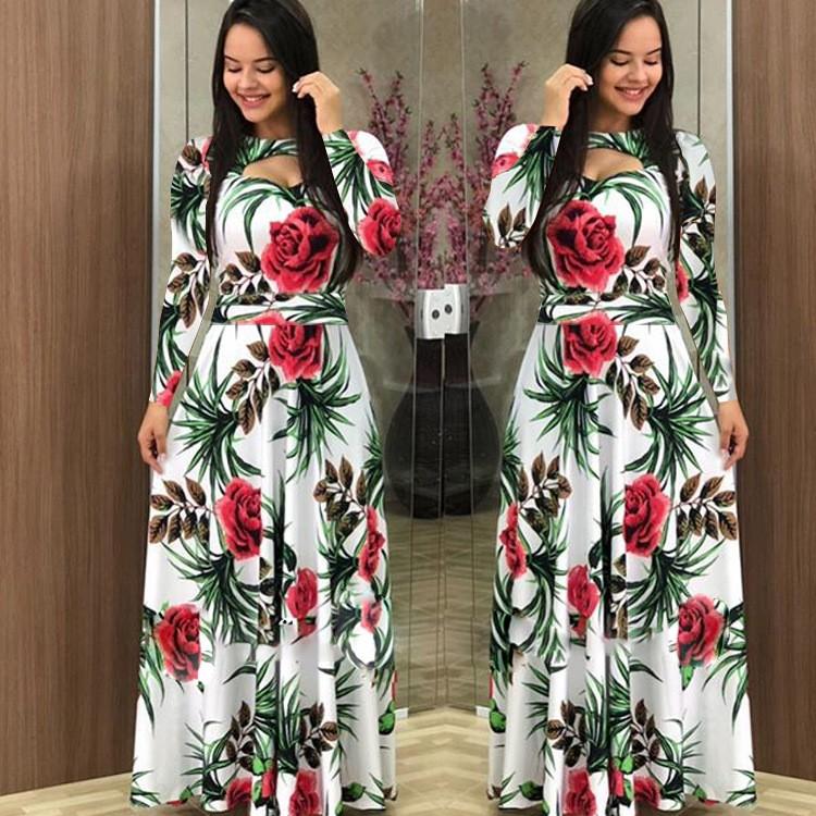 Women's Fashion Casual Bohemian Print Long-sleeved Pocket Dress Long Skirt