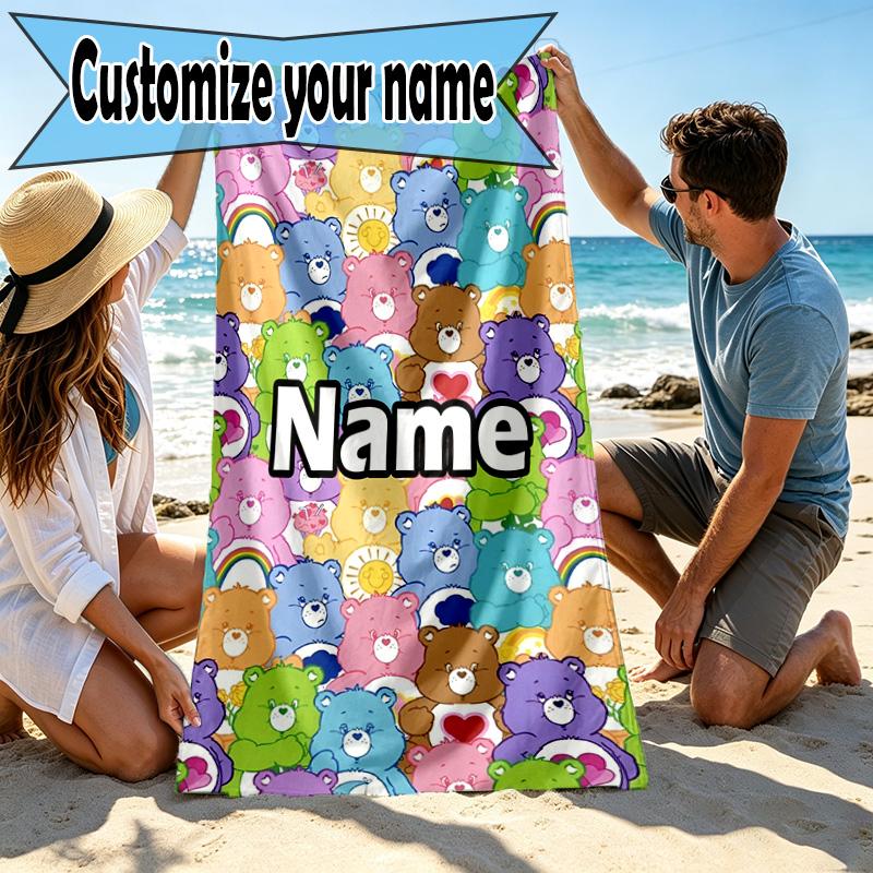 Custom Name Personalized Care Bears Print Beach Towel, for Trip Camping Beach Party Home Decor, Birthday Gift for Family & Friends