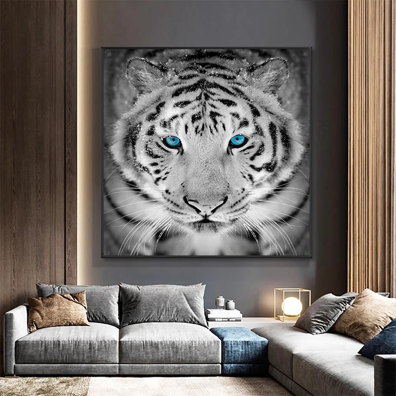 Black and White Tiger with Blue Eyes Canvas Paintings Wild Animal Posters Prints Wall Art Pictures for Living Room Decor Cuadros