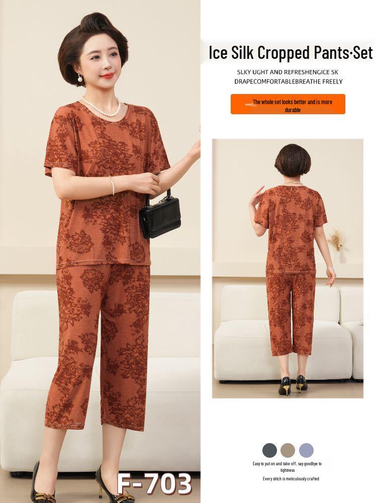 Women's Plus Size Ice Silk Pajama Set: Casual Short Sleeve Two-Piece for Middle-aged and Elderly Moms
