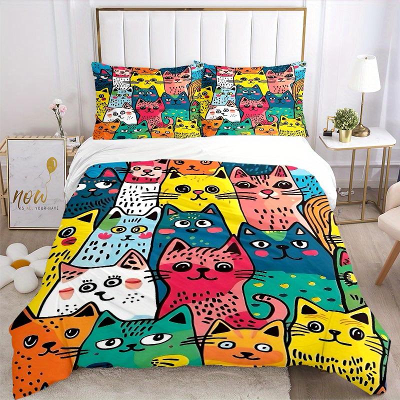 3Pcs Colorful Cats Printed Bedding Set, Breathable And Soft,(Includes 1 Duvet Cover And 2 Pillowcases, Quilt Not Included) yy250815146
