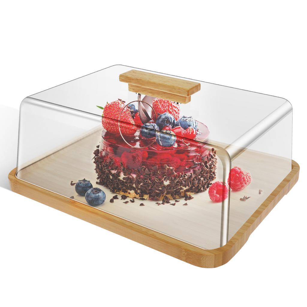 Bamboo Wood Cake Stand Rectangular/Round Snack Display Server Tray with Dust Cover Portable Dessert Plate for Small Party Picnic