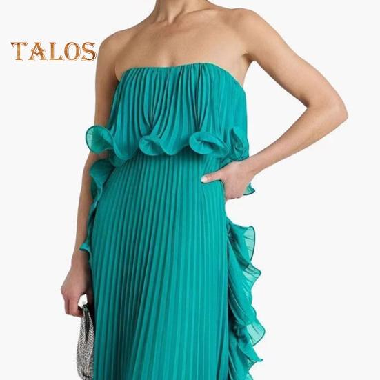 Damen Schulterfreies Maxikleid Sommer Rüschen Plissee Swing Langes Kleid für Hochzeitsfeiern Reisen Strand-Outfit