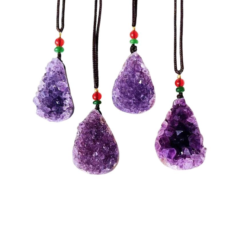 POWERCRYSTAL Women's Natural Amethyst Cluster Water Drop Pendant Necklace Handmade Feng Shui Gemstone Simple Sweater Chain