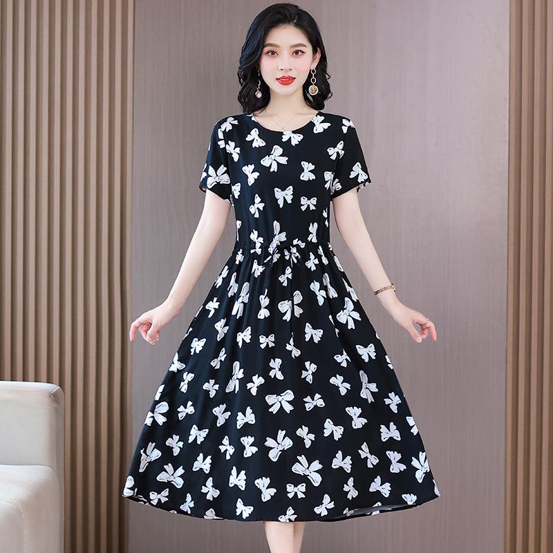 Women's Short Sleeve Midi Dress Round Neck Mid Rise Casual Floral Print A-Line Dress